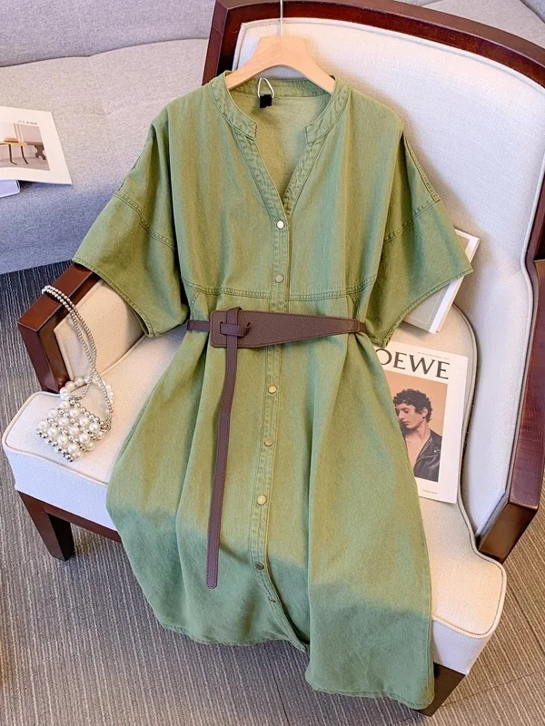 

plus Size Summer Vintage Thin Denim Dress Green Workwear Shirt Dress High Waist A-Line Korean Style Commute Fashion