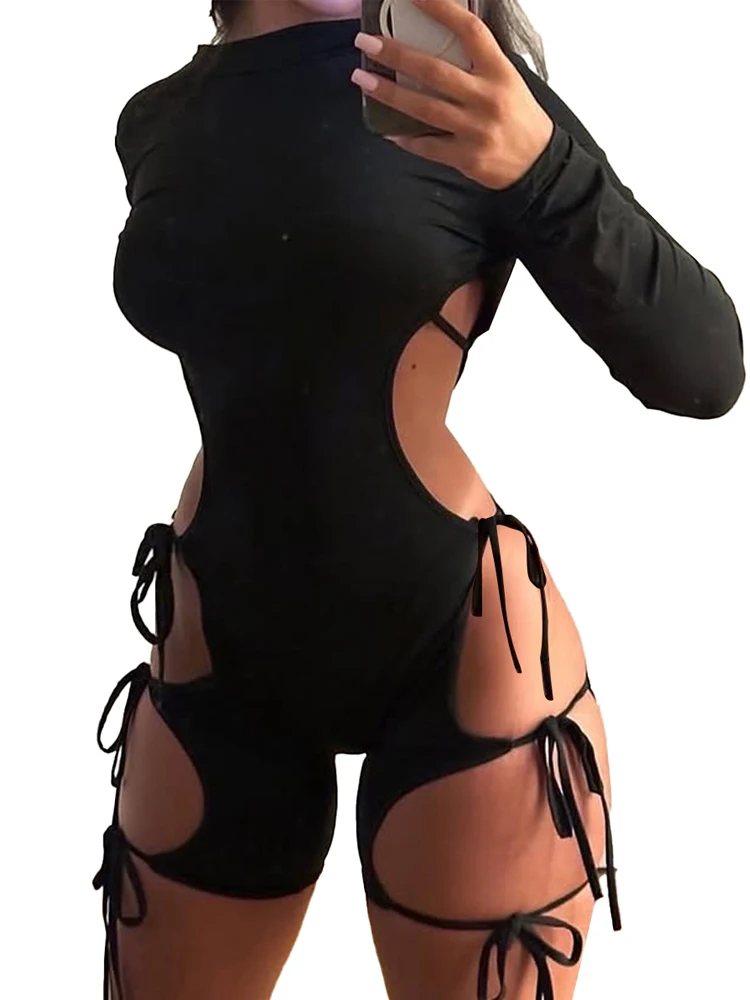 

Belamimi Fashion Lace Up Open Back Romper Female Hollow Out Bodycon Lingerie Jumpsuit