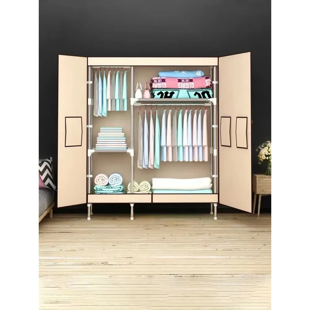 Internet celebrity double door folding thickened 19mm steel pipe cloth wardrobe 125CM,Assembly closet for clothes home furniture