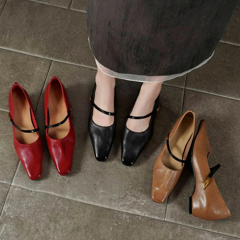 Black Red Camel Round Toe Mary Jane Hidden 4cm Mid Heel Full Grain Leather Non-slip Bean Sole Daily Handmade Women Flats F149 view 2