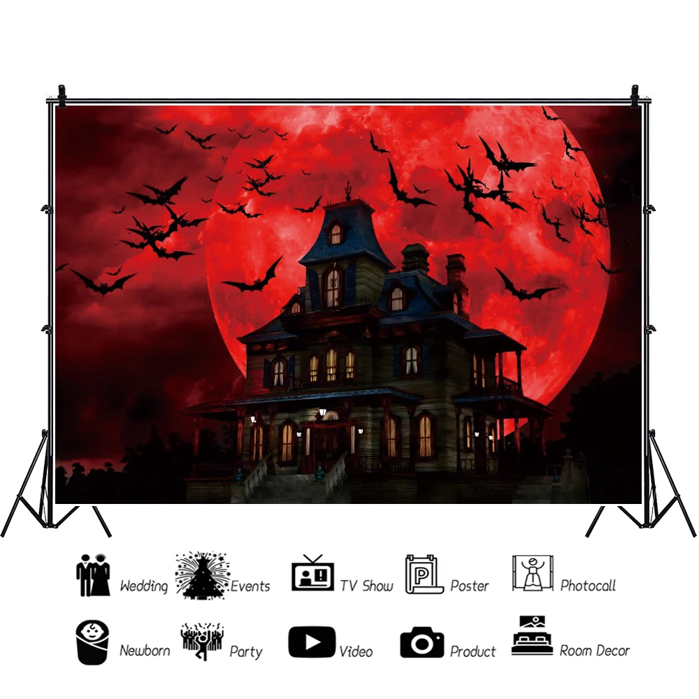 Laeacco Halloween Photography Backdrop Skeleton Bats Purple Red Scary Night Full Moon Haunted Castle Kids Portrait Background