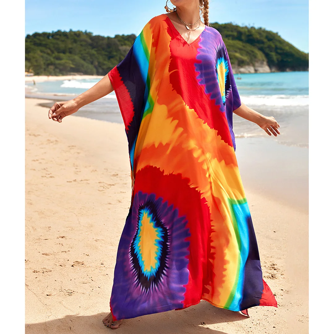 2026 Neues Buntes Kaftan-Tunika Strandkleid Strandmode Strandüberwurf Locker Sitzendes Maxikleid für Damen V4428 – Detail 24