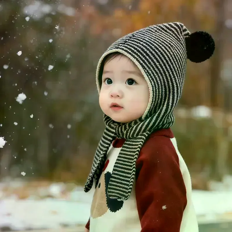 

Kids Autumn-Winter Warm Thick Knit Hat Scarf Set Versatile Wool Knitted Ear Protector Cap Skullies For Boys And Girls