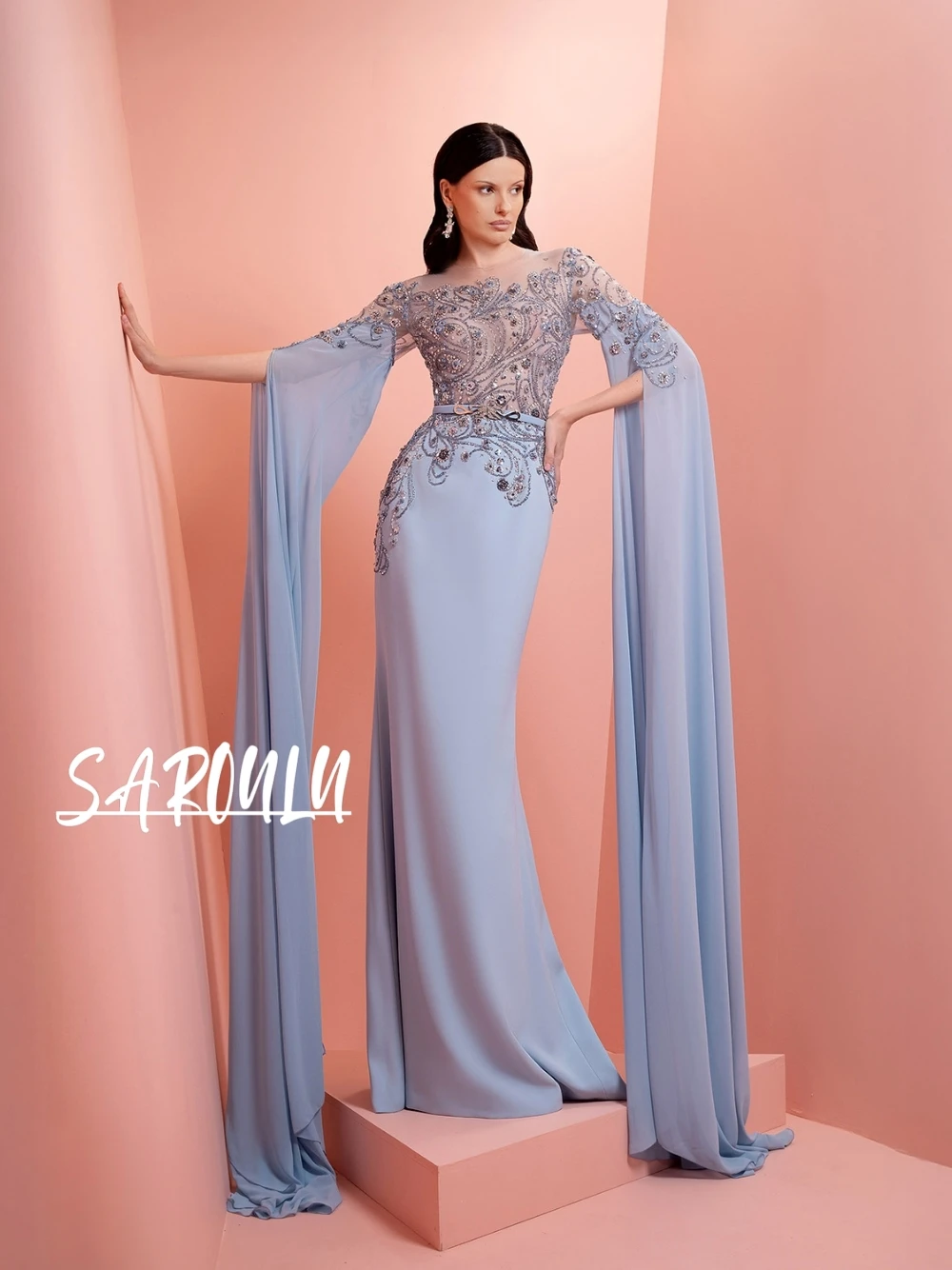 

Уникальное светло-голубое вечернее платье с бисером и прозрачным лифом с вышивкой, струящиеся драпированные рукава, модное платье для выпускного вечера по индивидуальному заказу