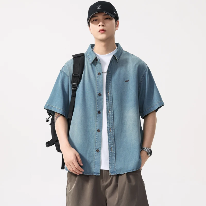 

2025 Summer Light Blue Lyocell Tencel Short-sleeve Shirt Thin Vintage Washed Distressed Collar Shirt for Men Cityboy Plus Size