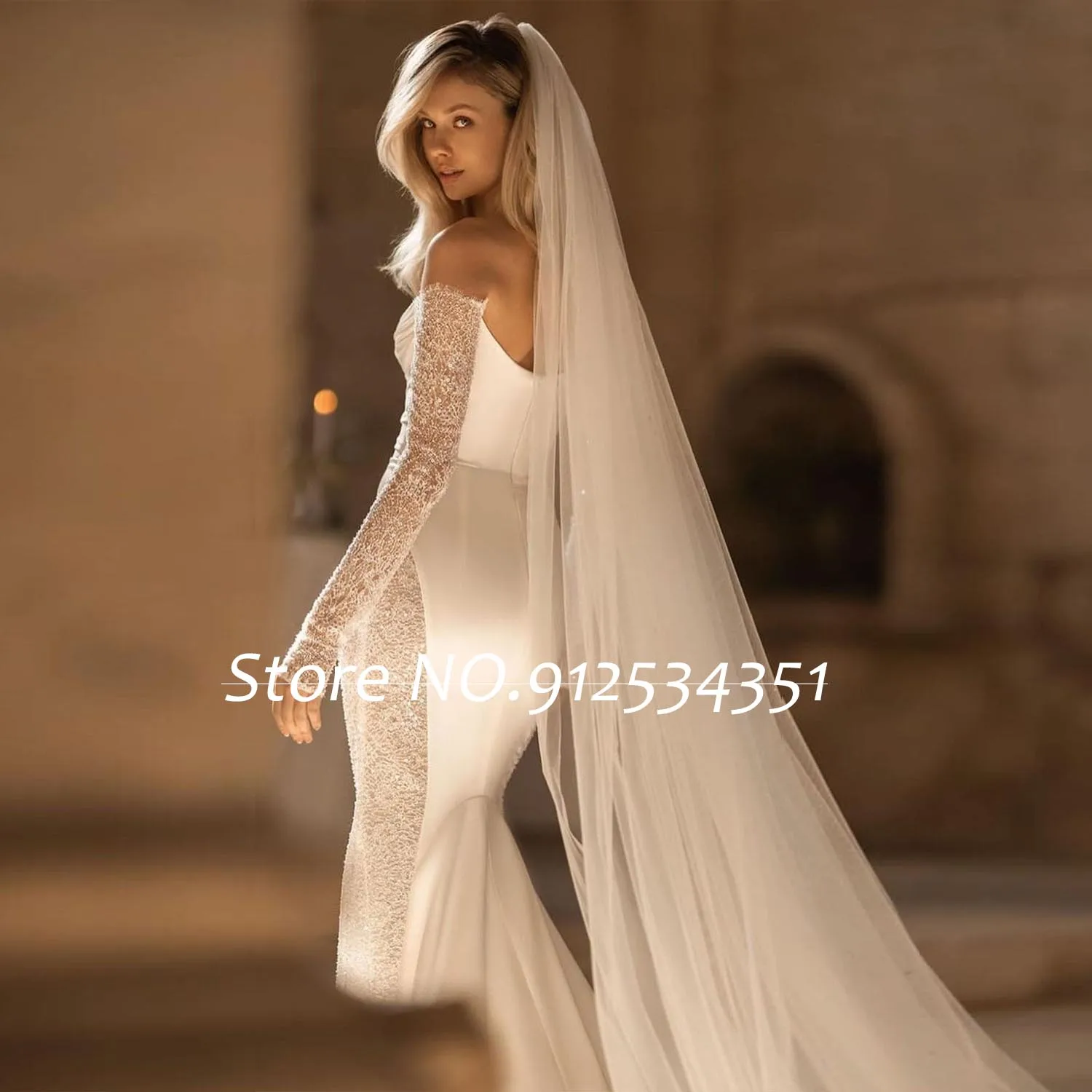 Customized Pleated Bodice Mermaid Wedding Dresses Lace Long Sleeves Luxury Vestidos De Novia Off the Shoulder Hochzeitskleid