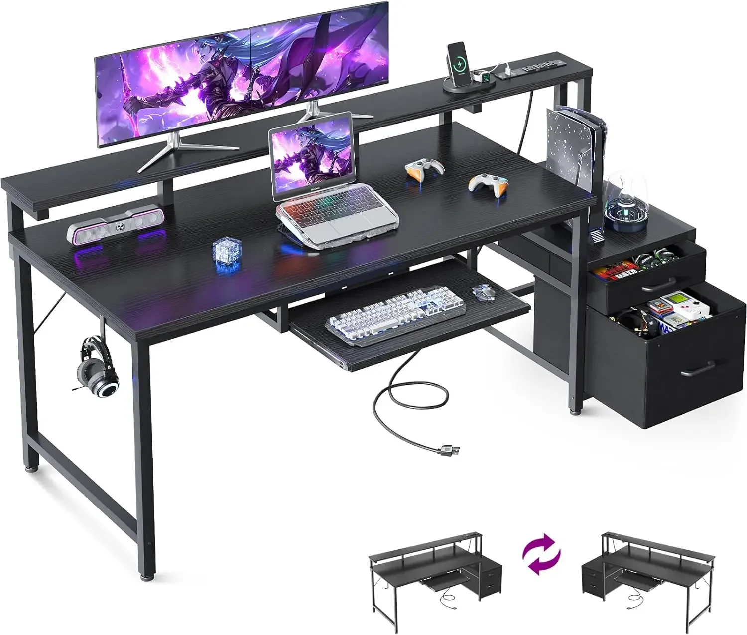 

Computer Desk with Drawers and Keyboard Tray, 63" Office Desk with Power Outlet, Reversible Study Work Desk with Printer Shelf a