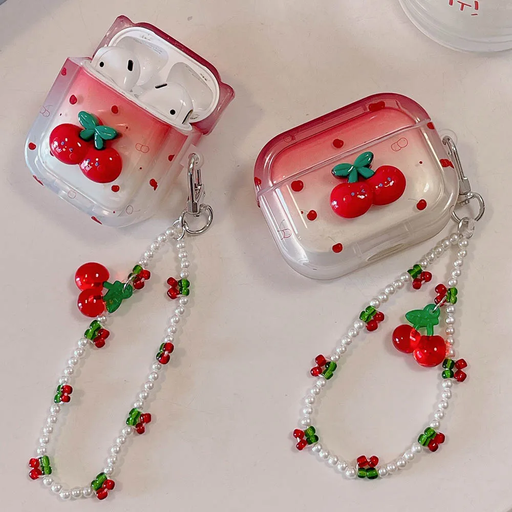 Red Gradient Cherry Pearl Bracelet Wireless Bluetooth Earphone Charging Box Case For Apple AirPods 4 1 2 Pro 2nd airPods 3 Funda