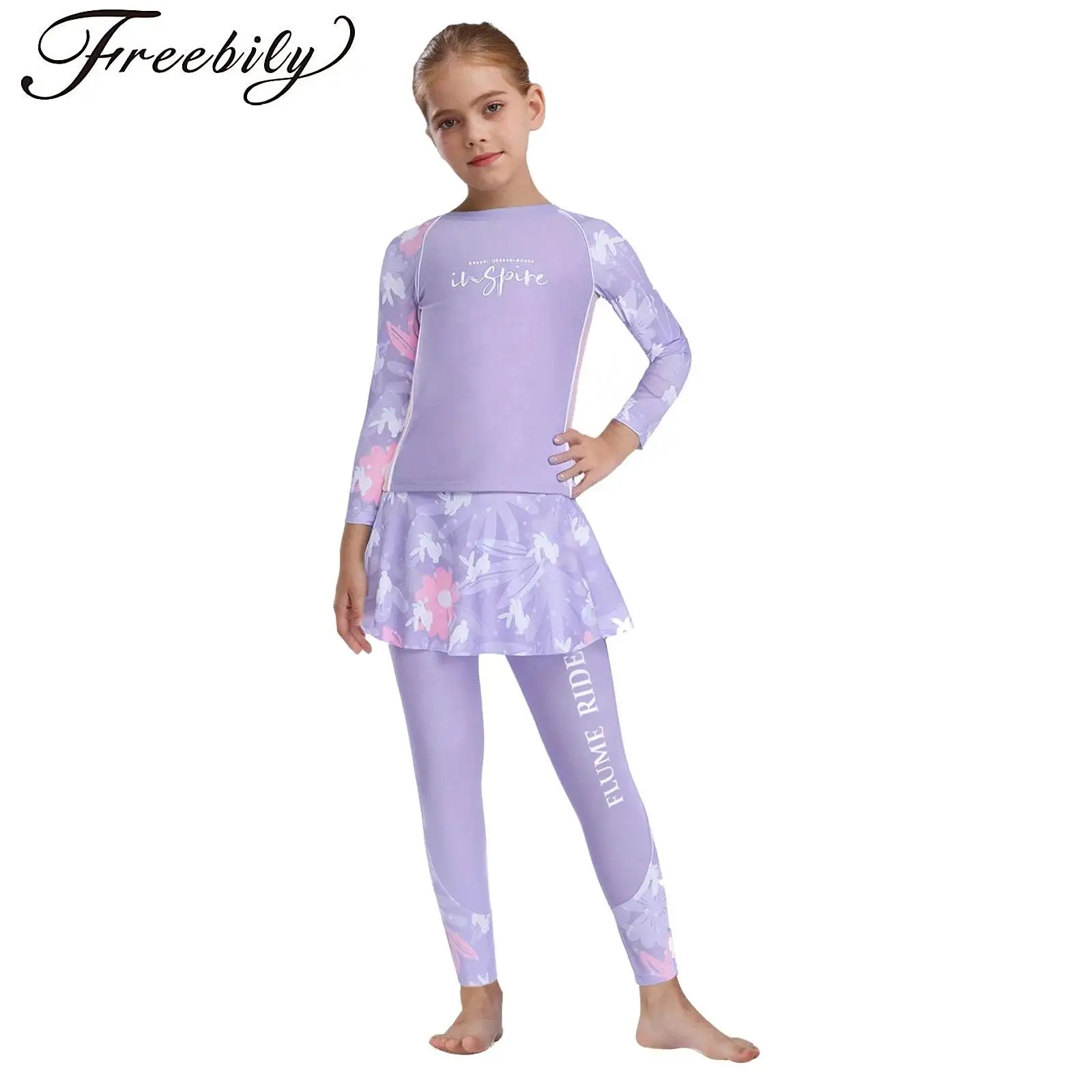 

Kids Floral Print Sun Protection Swimwear Girls Rash Guard Swimsuit Round Neck Long Sleeve Tops Beach Pantskirt Bathing Suit