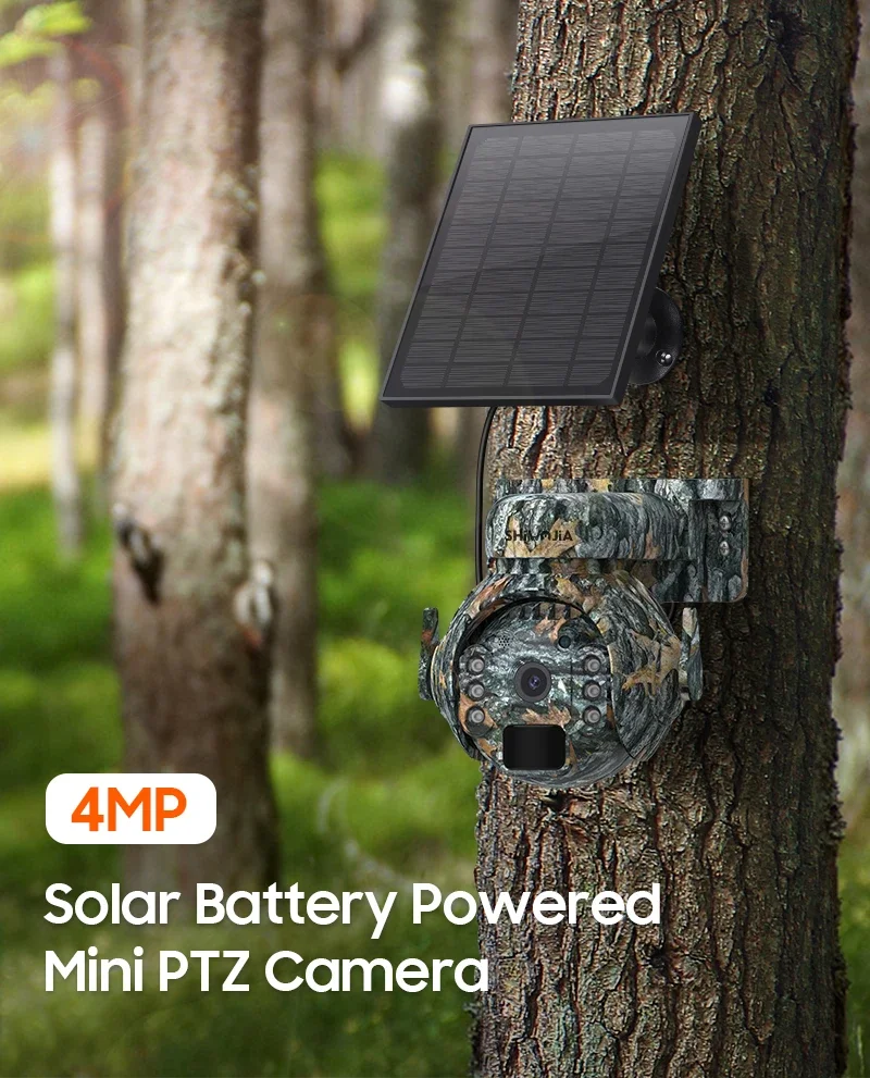 SHIWOJIA 4K 8MP 12X Zoom 4G Solar Security Cameras Wireless Outdoor 360° View Animal Monitoring Camouflage Color Battery PTZ Cam