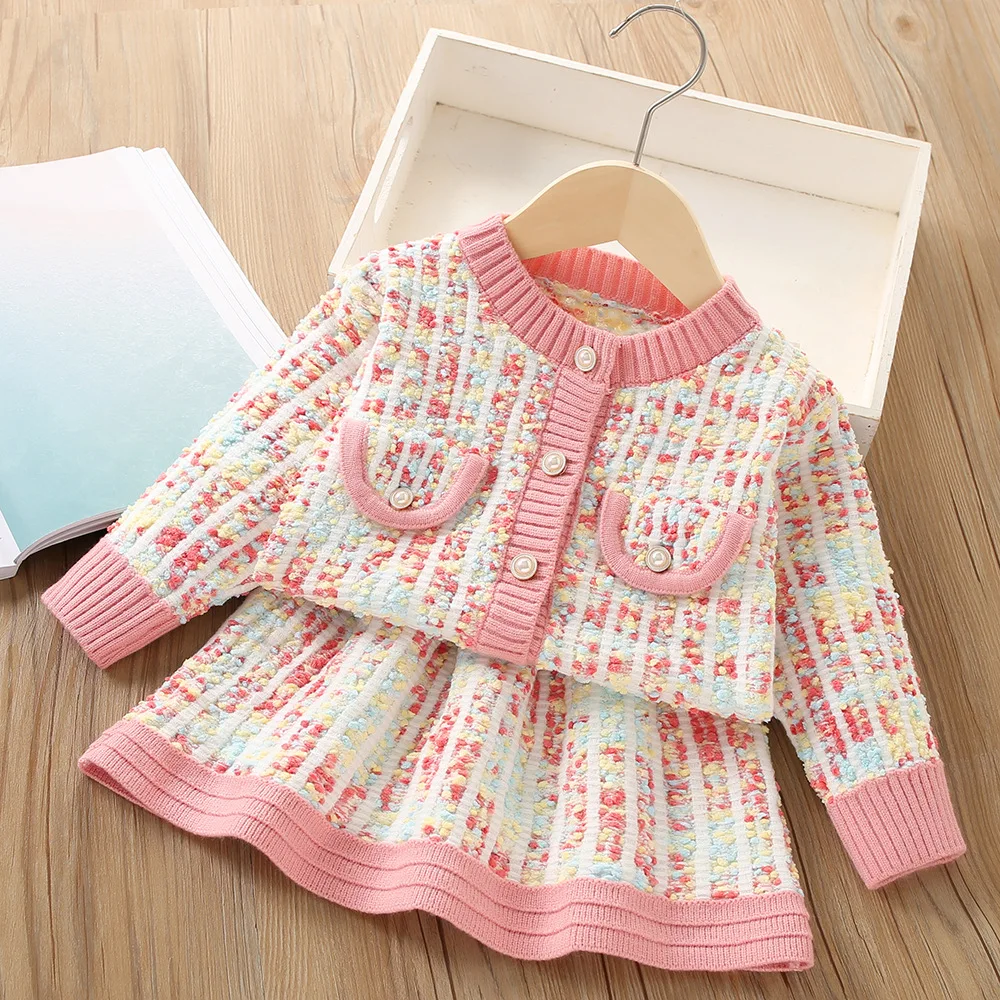 MILANCEL Girls' Sweater Coat Set Spring Autumn Trendy Children's Knitted Clothes Set Contrast Color Cardigan and Skirt 2Pcs image 3