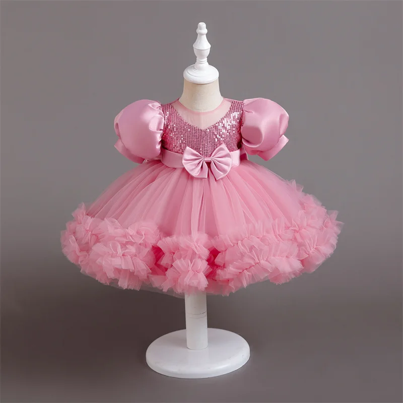 

Baby Girl Bow Party Gown Sequins Tutu Girls Dresses for Wedding Puff Sleeve Birthday Kids Clothes Princess Children Costume