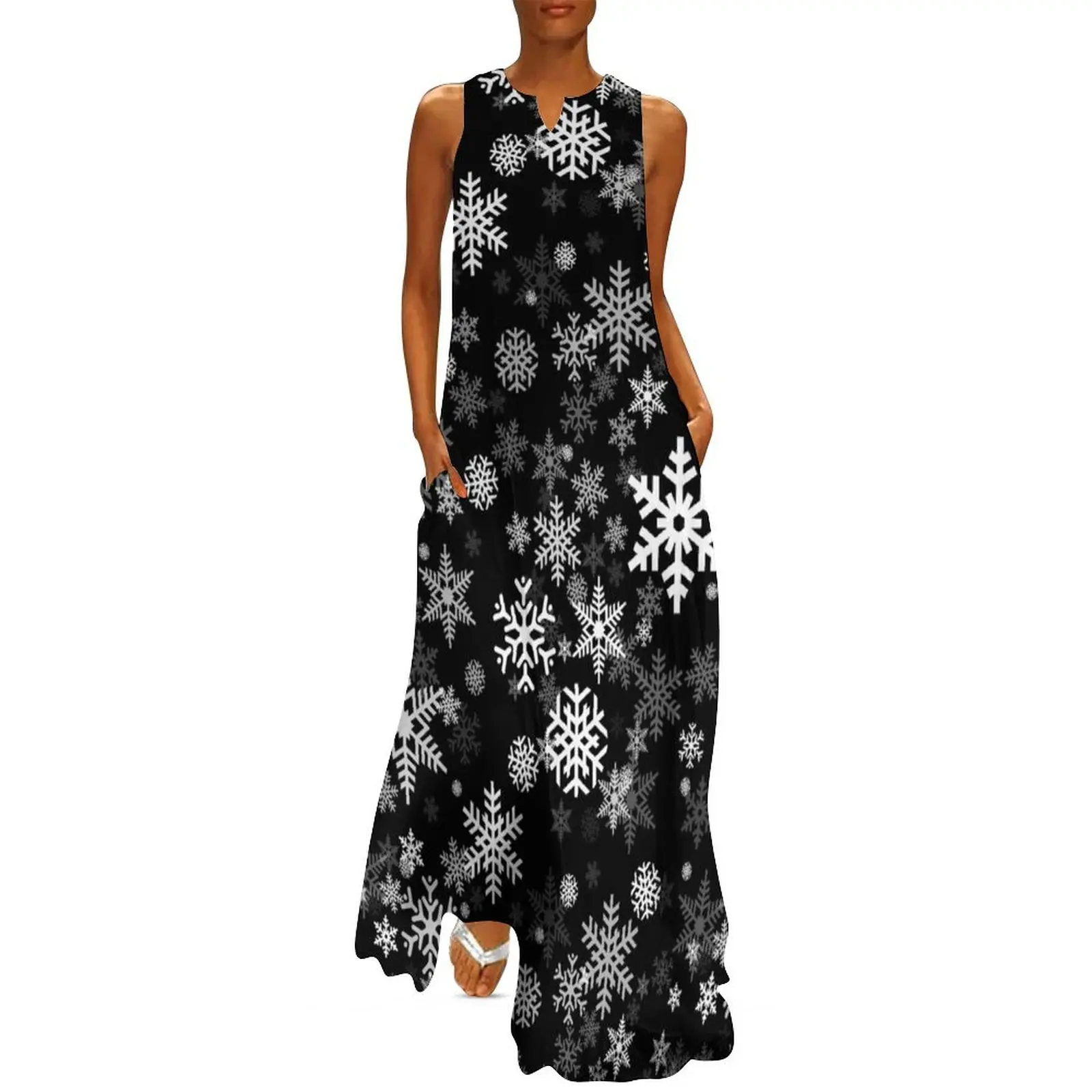 

Snowflakes Pattern in Black Long Dress dresses with long sleeves Woman clothes Dress