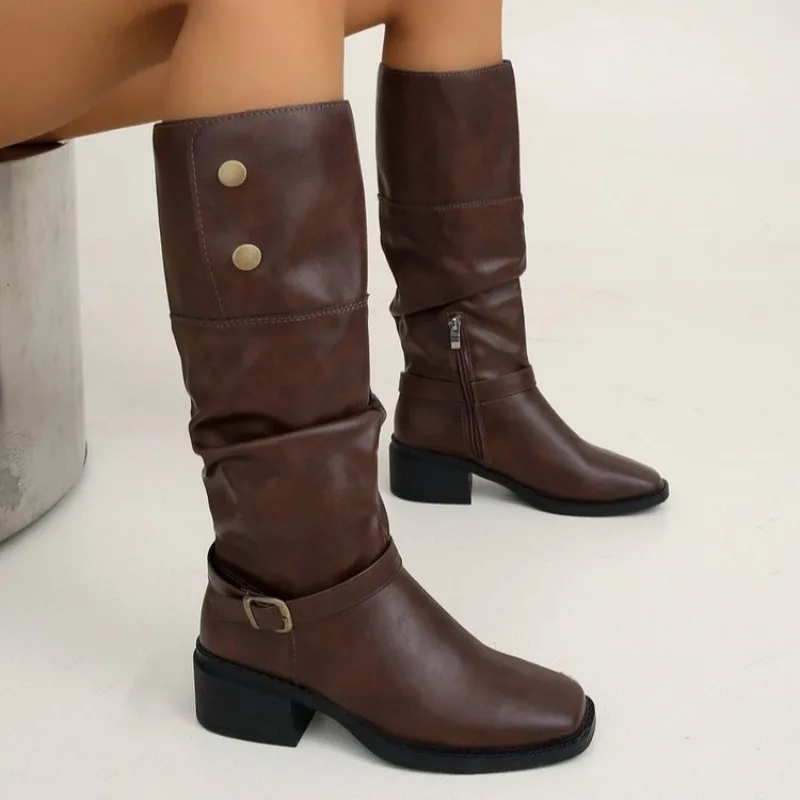 

2025 New Hot Sale of The Season New Western Boot Style Foldable Crumpled Knight Thick Heel Women's Long Rider Boots Leisure Rou
