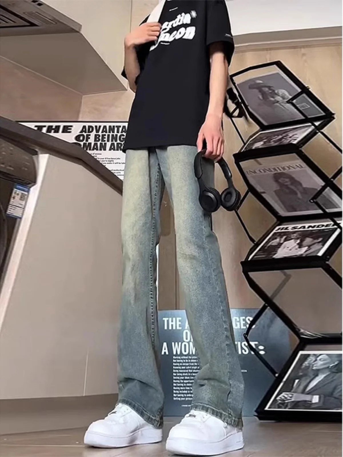 

Retro Blue Men's Straight Leg Jeans Summer Thin American High Street Sle Slimming Knife Flared Pants Youth Faion