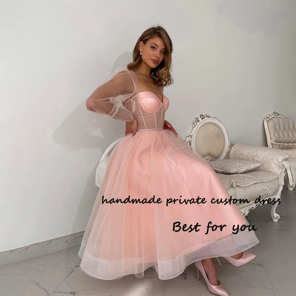 

Baby Pink Tulle Prom Dresses Illusion Corset Sweetheart Evening Party Dress Puffy Sleeve A Line Formal Celebrate Gown