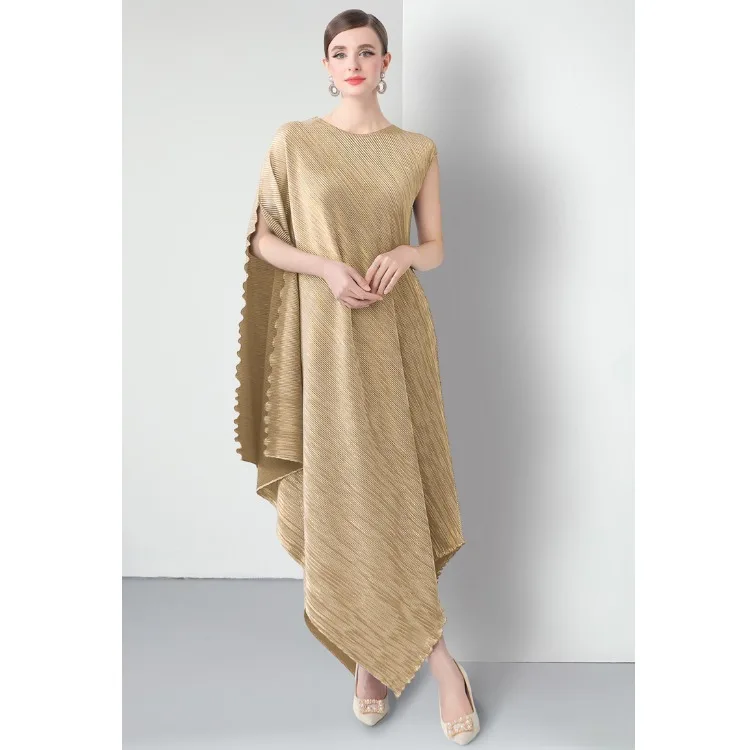 تنورة طويلة فضفاضة مقاس Dr Gold Emed طباعة كبيرة الحجم ملفوفة Dr غير متناظرة هملين مطوي على شكل حرف a صورة ظلية ماكسي Dr