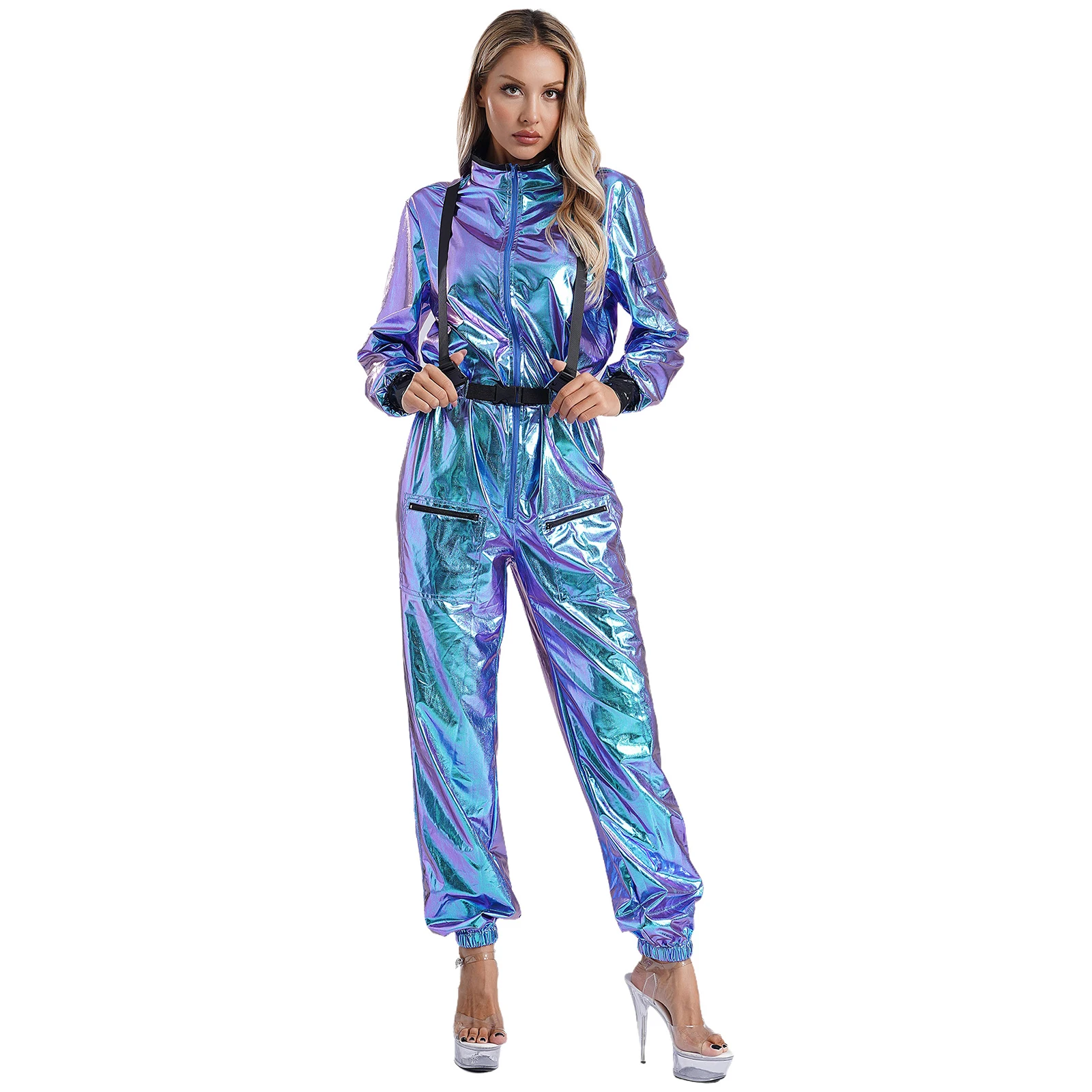 

Metallic Shiny Womens Astronaut Alien RolePlay Jumpsuit Outfit Halloween Costume Mock Neck Long Sleeve Jumpsuits Zipper Bodysuit