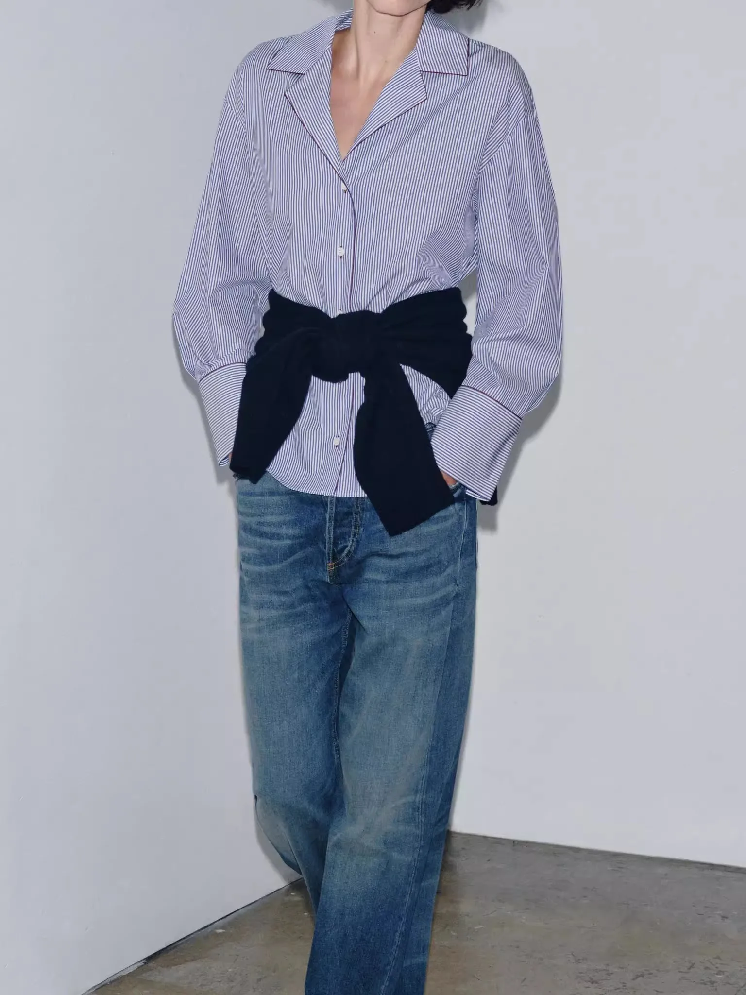 레이드바 스트라이프 컬러 블록 캐주얼 코튼 여성 루즈핏 통기성 패셔너블 가을 신상품