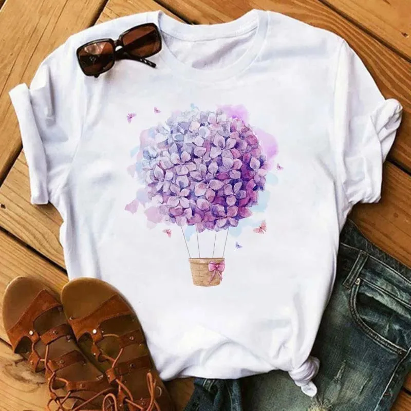 Hydrangea Flower Hot Air Balloon Print T-shirt Romantic Versatile Women's Casual Round Neck Short Sleeve for Daily Wear