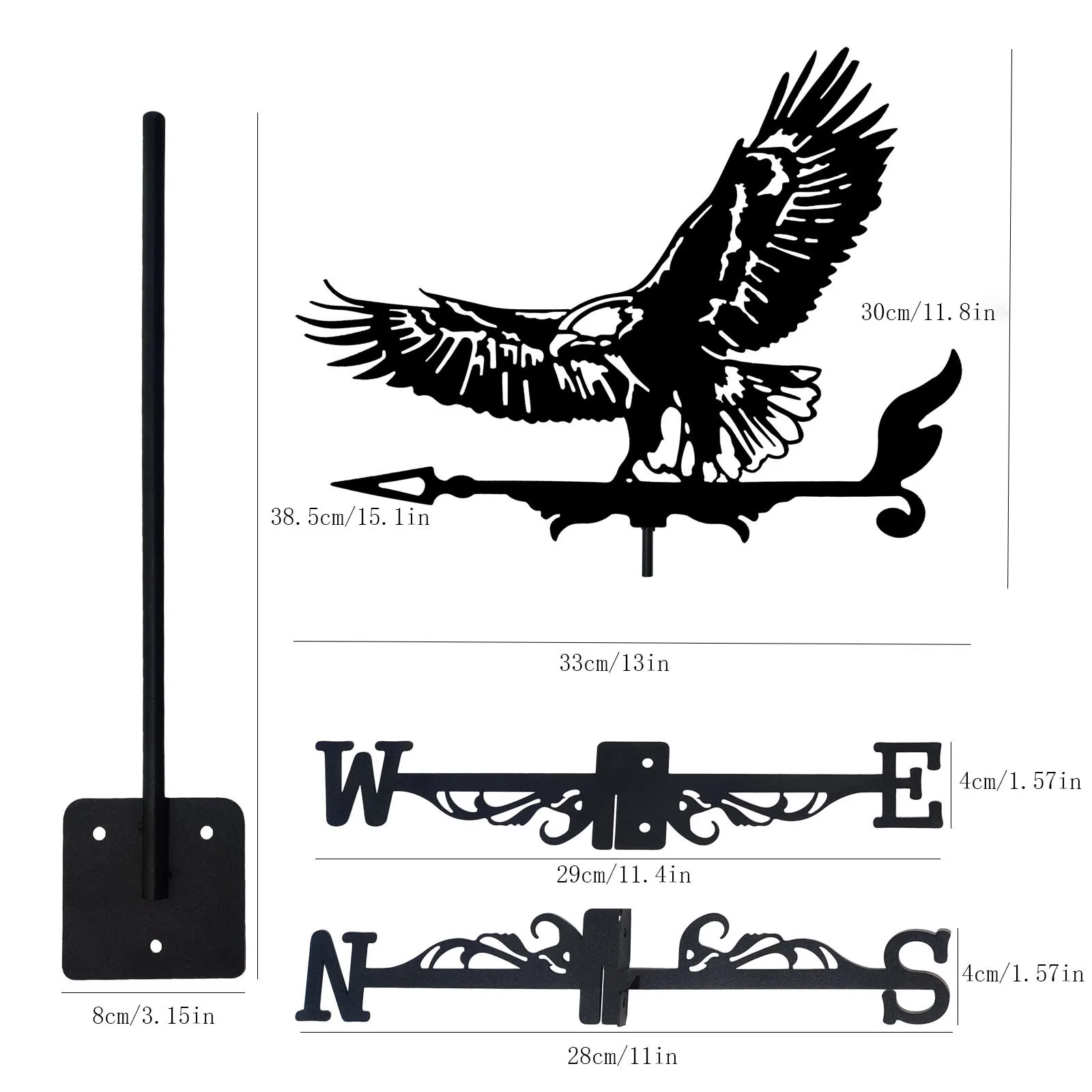 Eagle Wings Weathervane Silhouette Art Black Metal Aerial Raptor Wind Vanes Outdoors Decorations Garden for Roof Yard Building