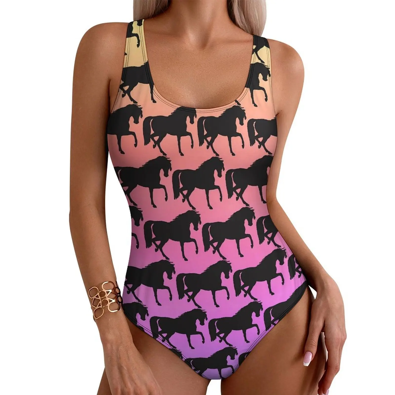 Horse Silhouette Swimsuit Sunset Rainbow Swimwear One-Piece Holiday Swimsuits High Cut Monokini Women Push Up Sexy Beach Outfits