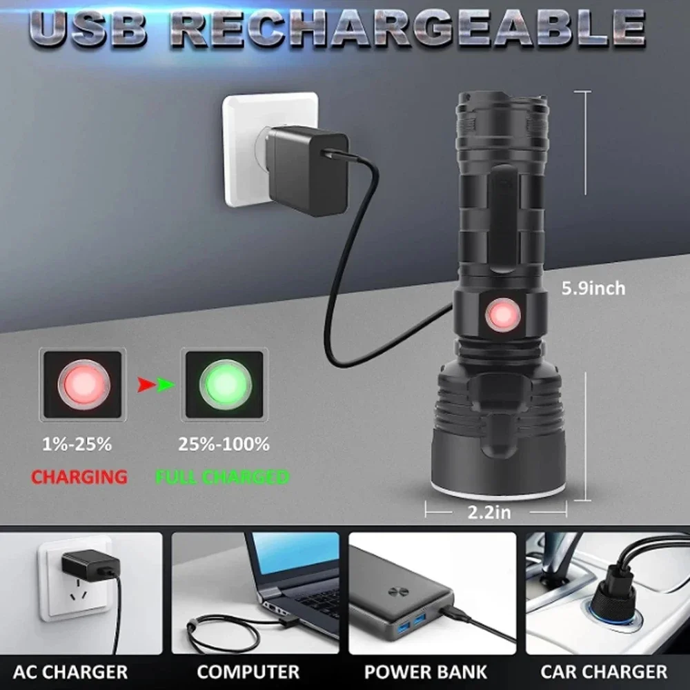 KDULIT-Lanterna LED Poderosa, Lâmpada Tática, Carregamento USB, Lanternas ao ar livre, Lanterna Recarregável, L2 P70, 26650 Bateria