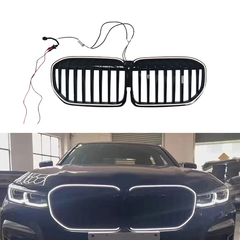 

LED Light Front Car Grille Single Line Grill with Lights Modified Parts Set for BMW 19-22 7 Series G12 Black Glossy