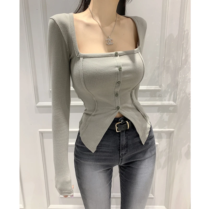 Slim Fit Long Sleeve T-Shirt Dongda Gate Autumn Pure Color Square Collar Single Button Casual Short Sle Women's Fashion Top