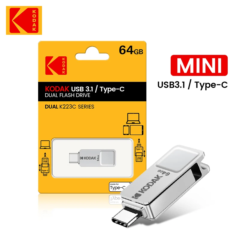 

KODAK USB3.1 Type C K223C 2 в 1 USB-флешка 128 ГБ 64 ГБ Флешка Высокоскоростная двойная память для смартфона, ноутбука