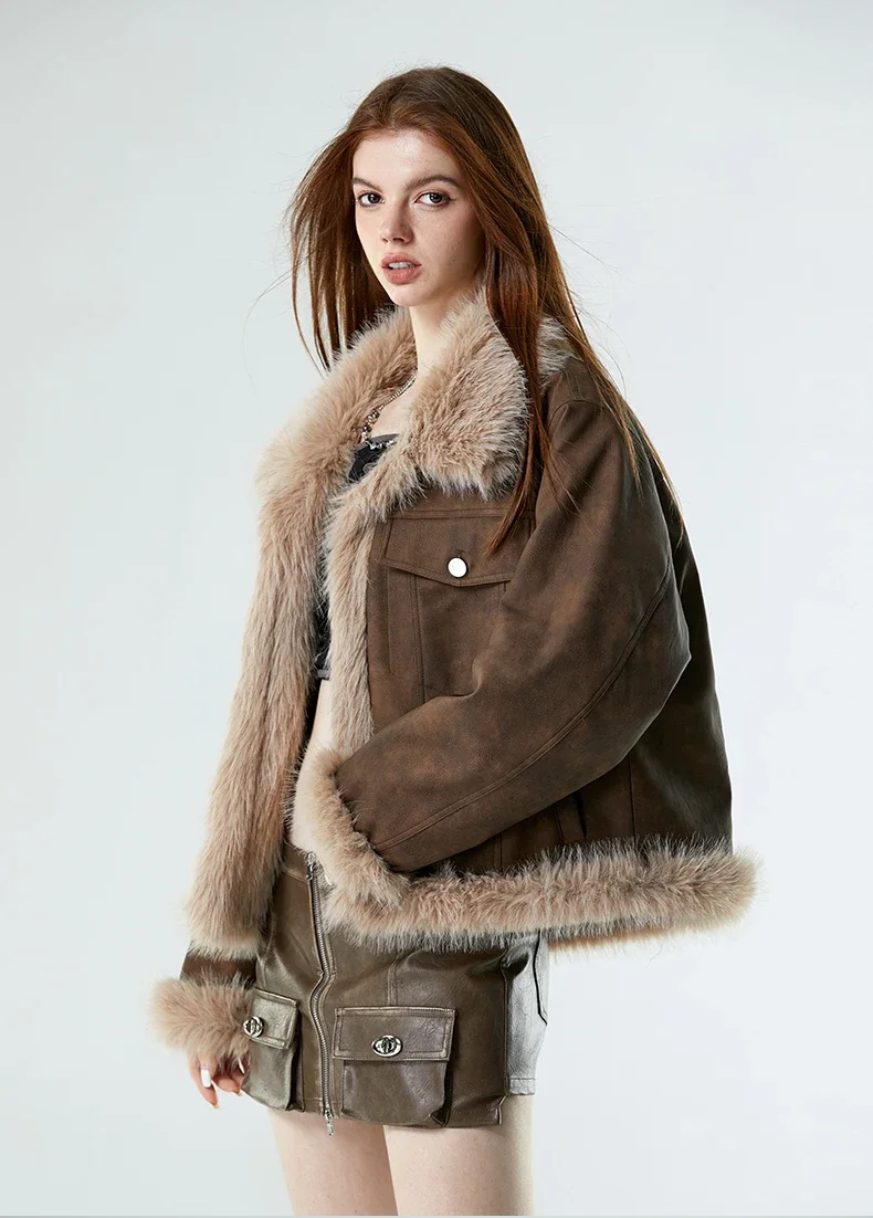 Coffee Colored Women Trendy American Retro Fur Short Jacket Winter New Fur Motorcycle Suit Fur One-piece Jacket