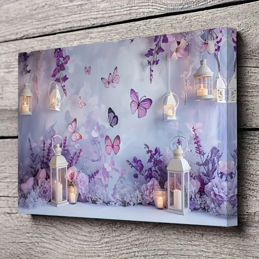 فن قماش الفراشة الأرجوانية الساحرة والزهور العجائب، مثالي لديكور المنزل والمكتب