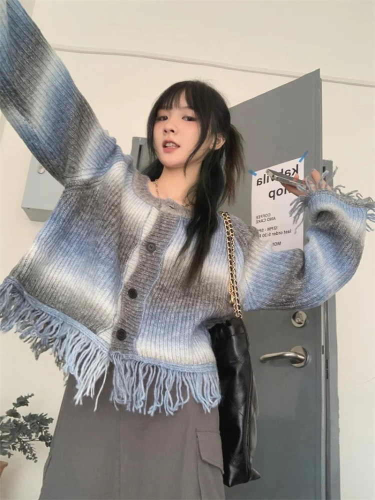 Y2K sweter z frędzlami sweter damski Harajuku Vintage Tie Dye z dzianiny krótka kurtka jesień koreański luźny gotycki Top z dzianiny płaszcz 2023