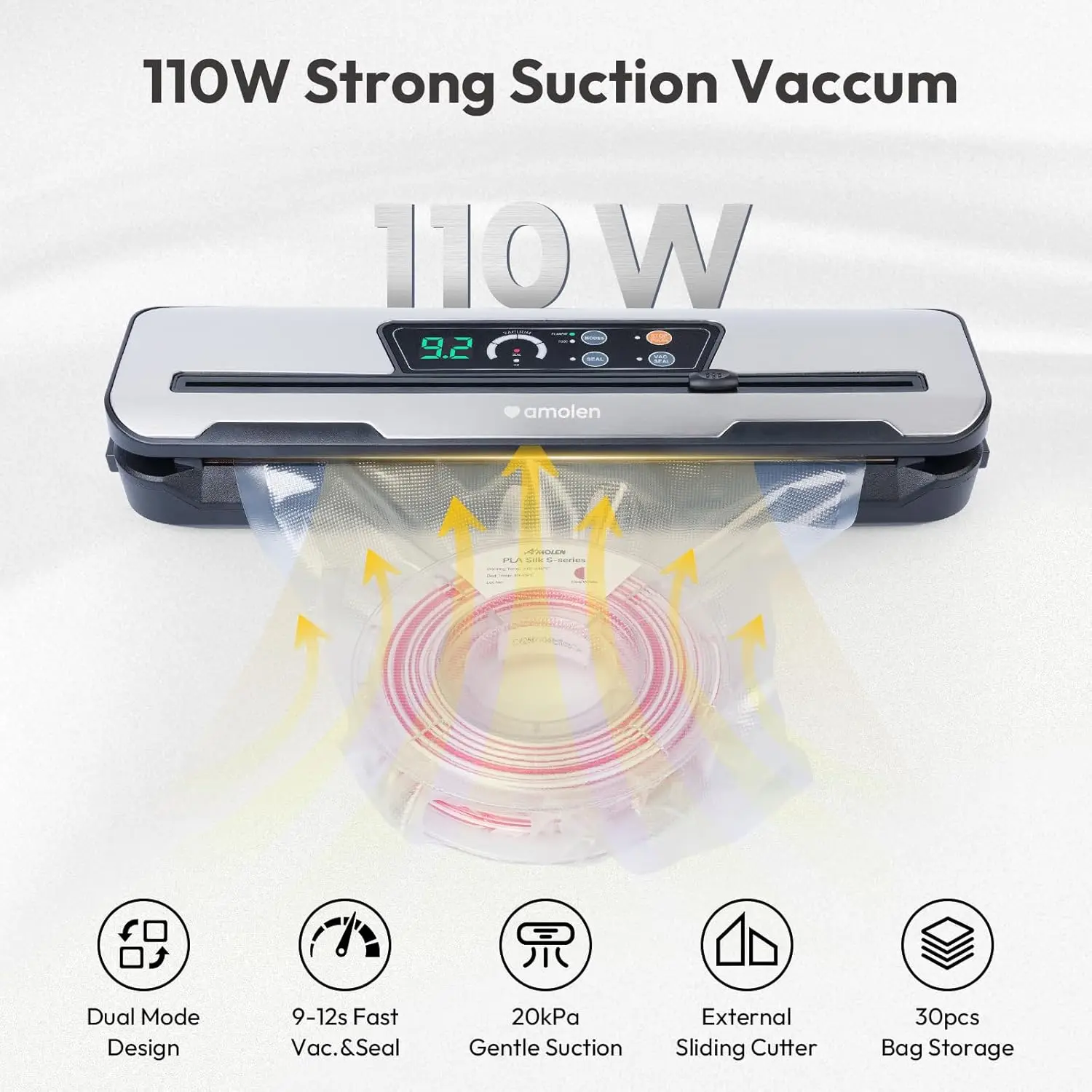 フィラメントおよび食品保存用のデュアルモード真空シーラーキット（カッターとバッグ付き）