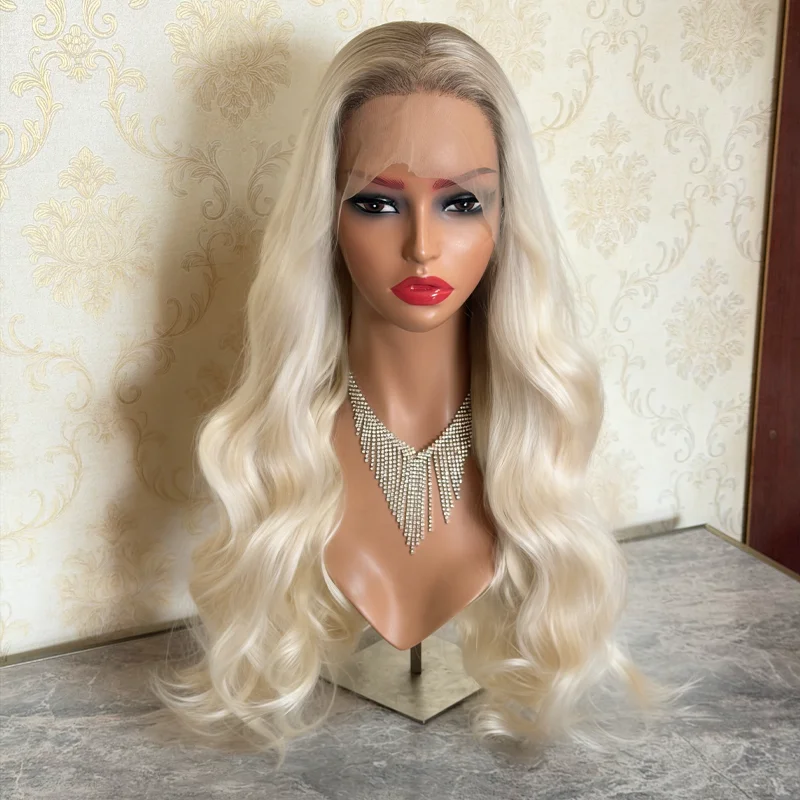 Balayage Lace Front Wig 24Inch HD Lace Wigs Light Golden Blonde Natural Wavy Ombre Brown Roots Synthetic Heat Resistant Fiber