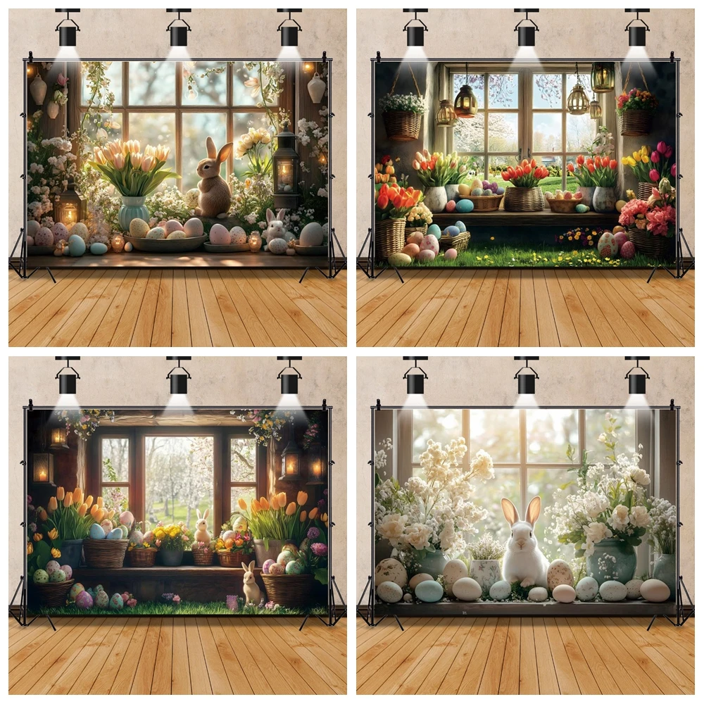 Latar belakang Tulip Paskah musim semi untuk fotografi, latar belakang foto ulang tahun, jendela kayu bunga, telur warna-warni, fotografi, kelinci