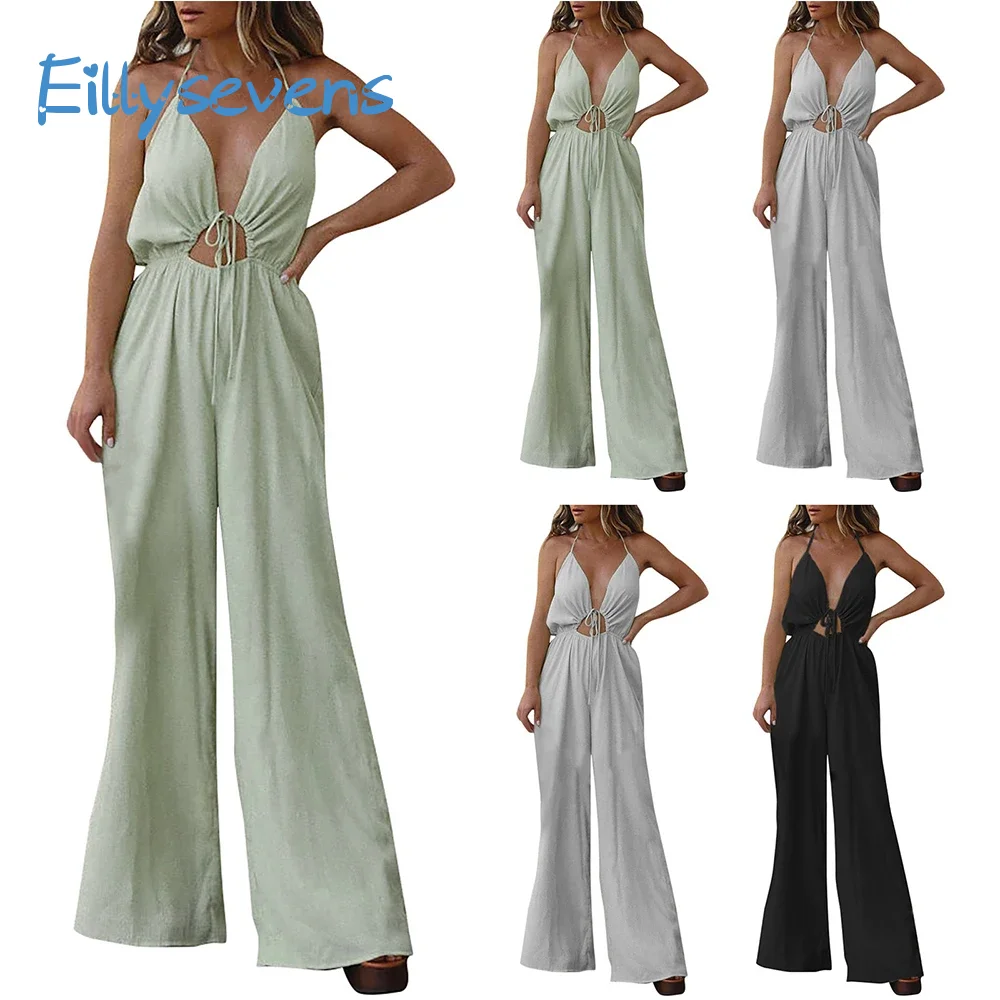 

Women'S Flared Jumpsuits Fashion Design Sexy Halterneck Tie Backless Deep V Loose Wide Leg Jumpsuits Summer Solid Comfy Rompers