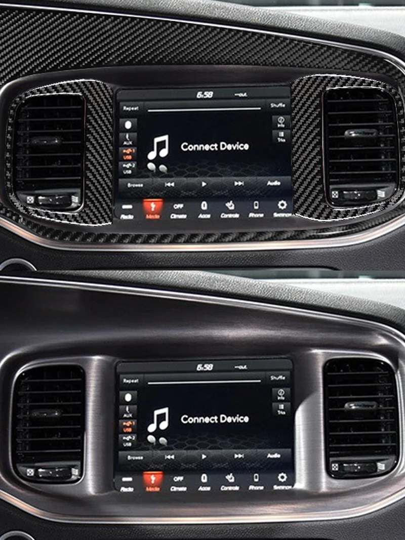 ل شاحن دودج 2015 2016 2017 2018 2019 2020 2021 2022 ألياف الكربون وحدة التحكم المركزية لوحة القيادة لوحة تنفيس الهواء المركزي ملصق