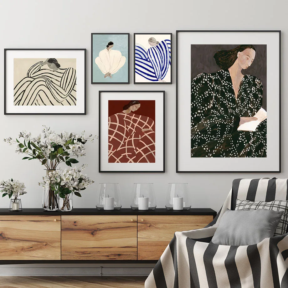 Sofia Lind Pajamas Girl Abstract Lines Nordic Posters And Prints Wall Art Canvas Painting Vintage Pictures For Living Room Decor