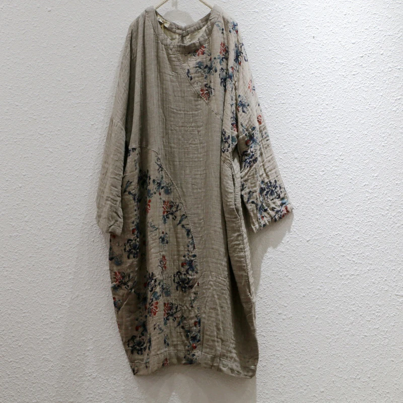 Vestido informal de lino y algodón para mujer, novedad de primavera 2021, estilo Vintage, cuello redondo, estampado de almazuela, vestidos holgados hasta la rodilla para mujer M879