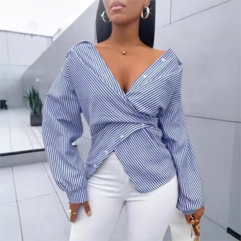 

Woman Blouses Spring New Striped V-neck Summer Style Commuting Simple Shirt Fashion Street Lapel Sexy Slim Fit Shirts & Blouses