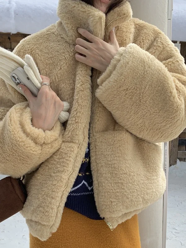 

Korean Style Thickened Short Coat Women's Loose Fit Zipper Collar Fluffy Cotton Lined Outerwear Daily Wear Winter Outer Jacket