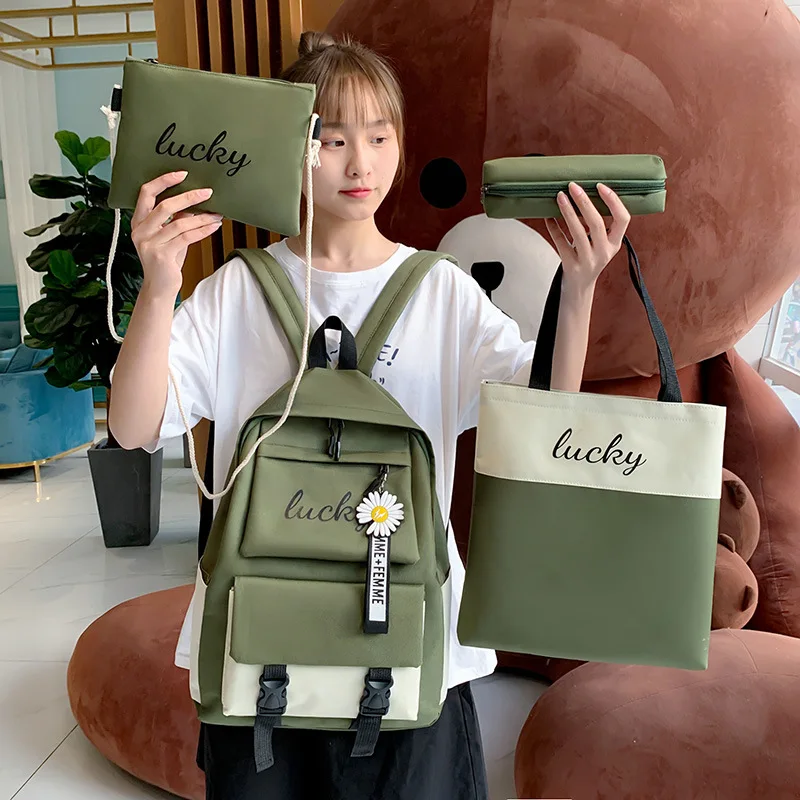 New Fashion Backpack, Women's Korean Edition Letter Contrast Backpack, Junior High School High School Four Piece Set