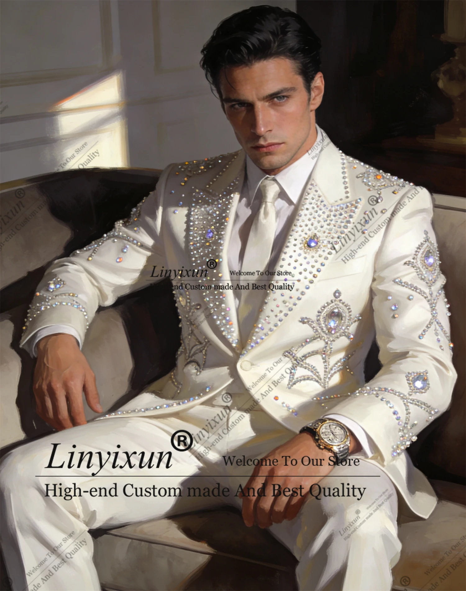 

Elegance Men Suit Sparkly Gem Beaded Wedding Tuxedo Customized Peak Lapel Ropa hombre 2 Pieces Sets Slim Fit Groom Male Blazers