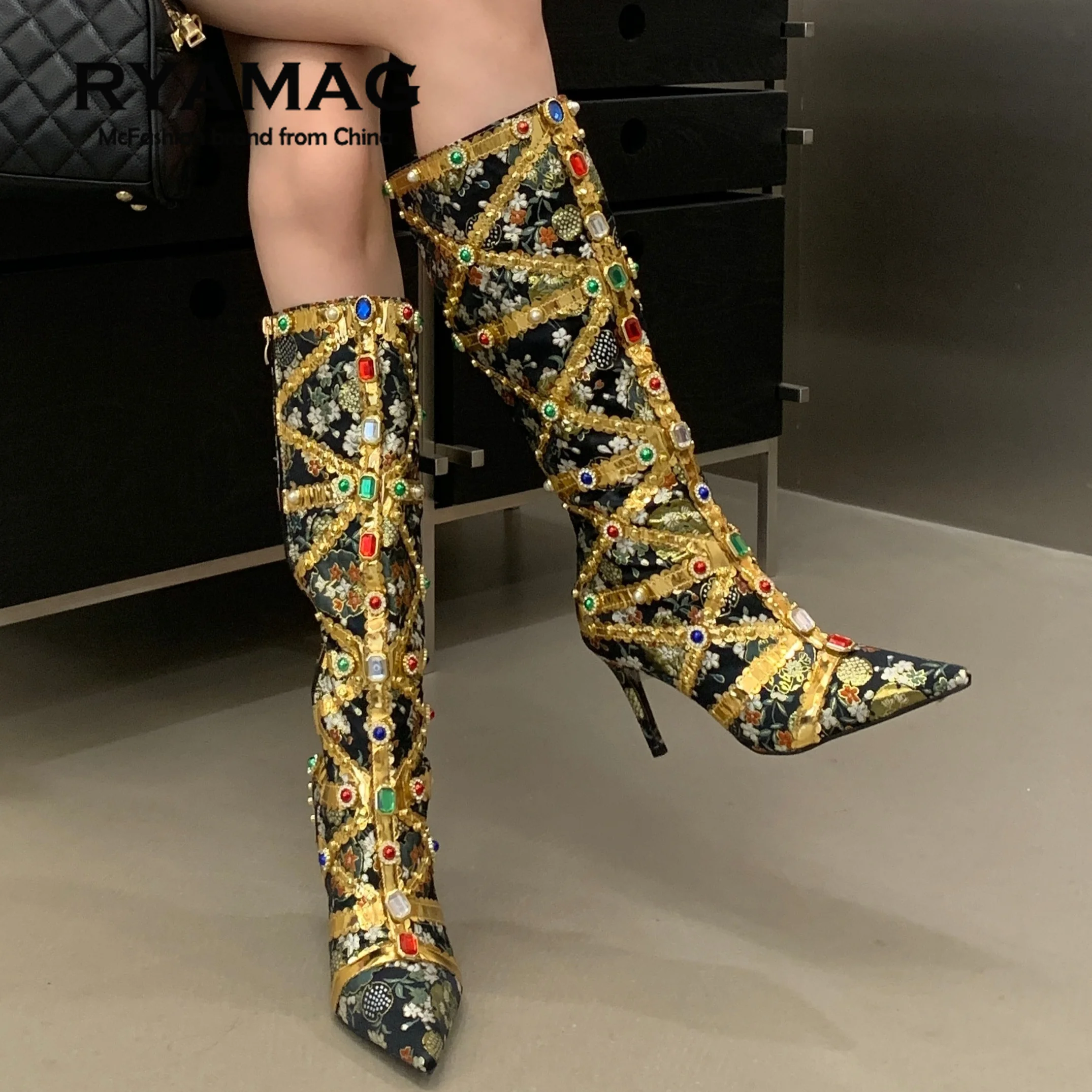 High Heel Knee High Boots Women Pointed Toe Stiletto Jacquard Crystal Rhinestone Embellished Vintage Party Boots