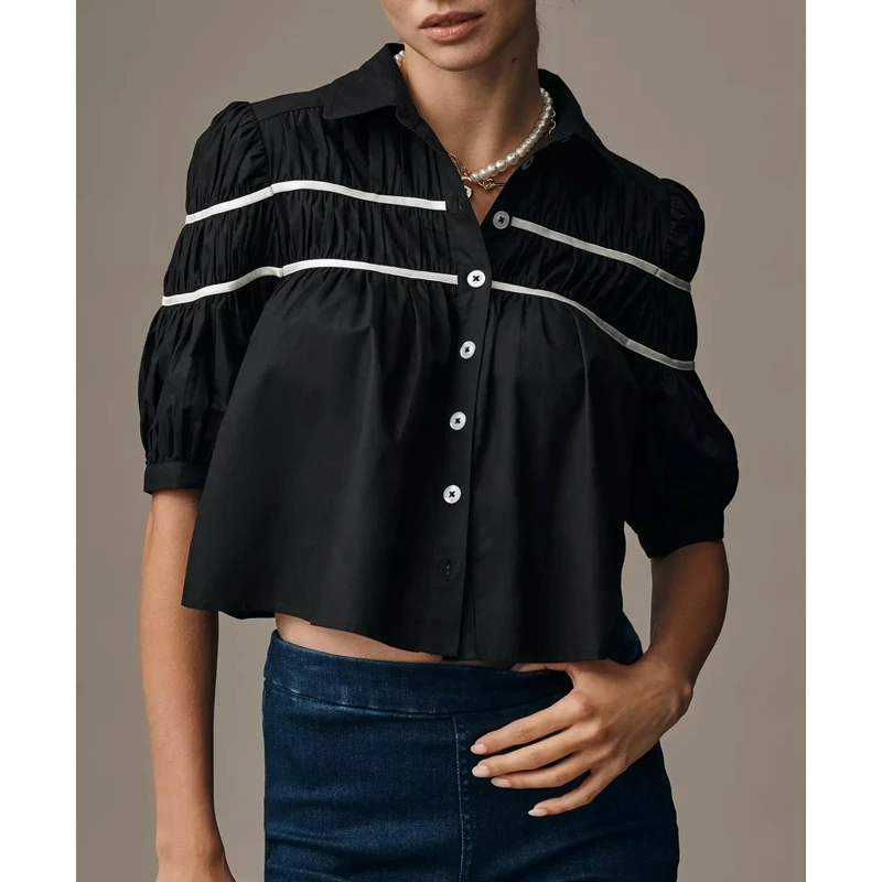 

Women Puff Sleeve Floral Graphic Shirred Peplum Blouse Crop Top Y2k Front Button Down Flowy Vintage Babydoll T-Shirts