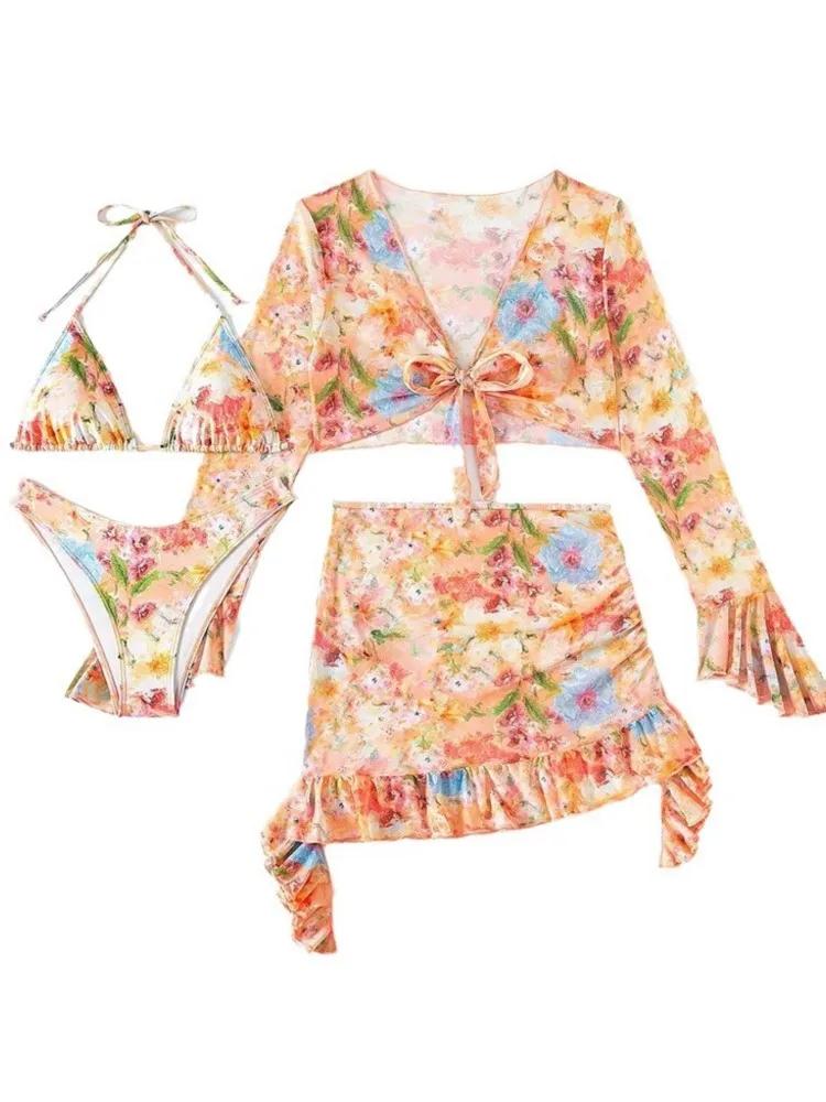 2025 Sexy Vier-stück Frauen Badeanzug Langarm Cover-up Bademode Sommer Solide Bikini Set Brasilianische Bademode Party Badeanzug