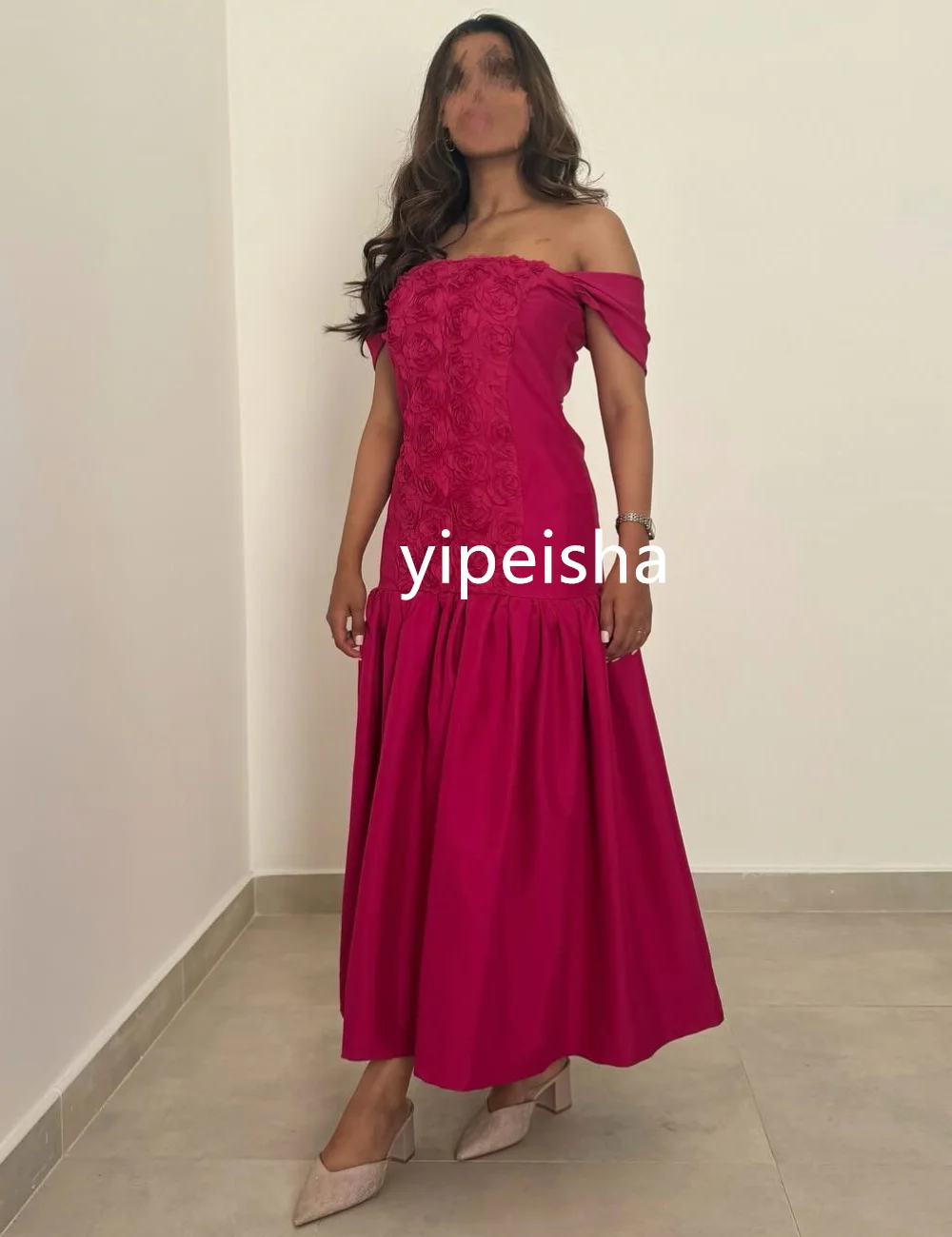 Customized Matching Jersey Pleat Flower A-line Square Neck Midi Dresses Homecoming  Elegant Exquisite High Quality Sexy Sparkle