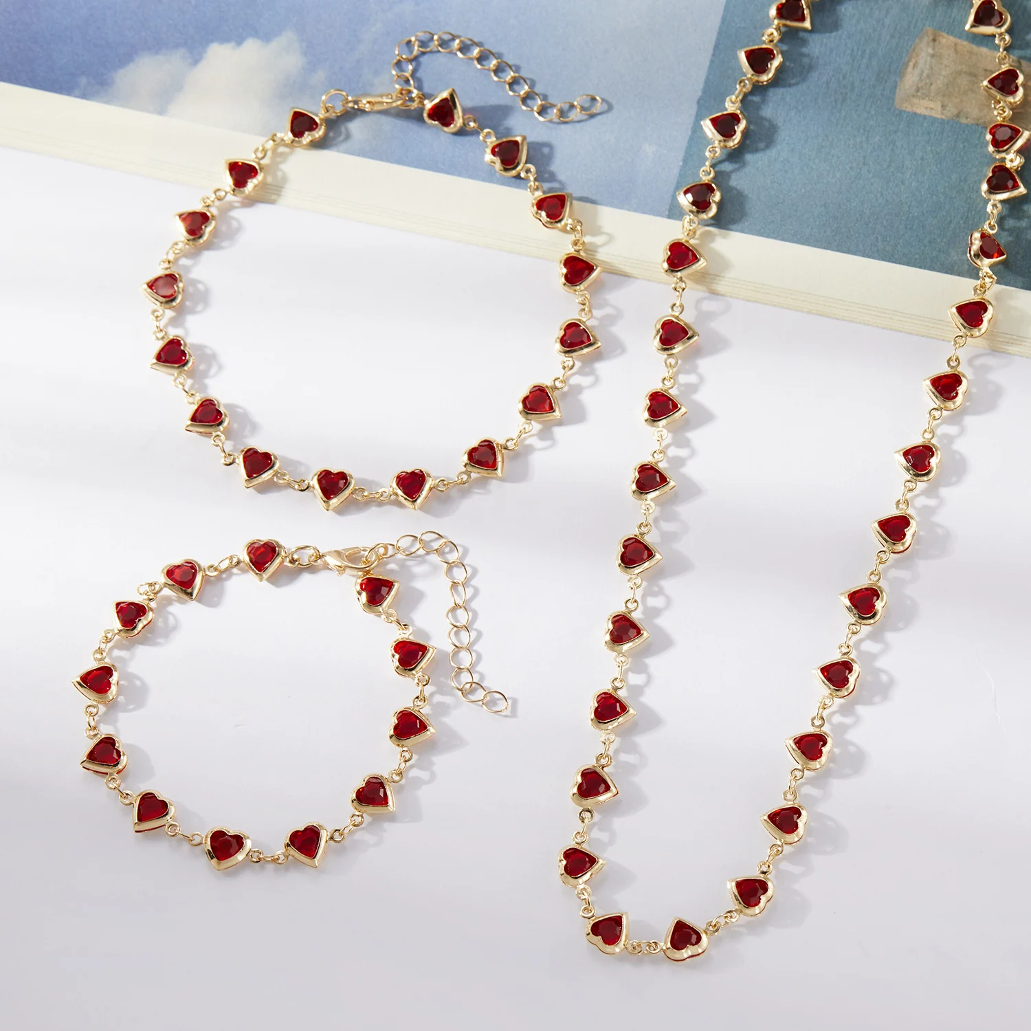 Vintage Fashion Red/blue Crystal Love Heart Bracelets for Women Romantic Butterfly Pearl Chain Anklet Necklace Wedding Jewelry