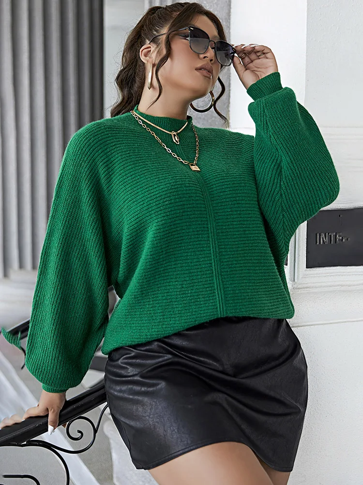 ONELINK Dark Green Plus Size Women\'s Sweater Crew Neck Solf Knitting Pullover Long Loose Sleeve Casual Office Wearing